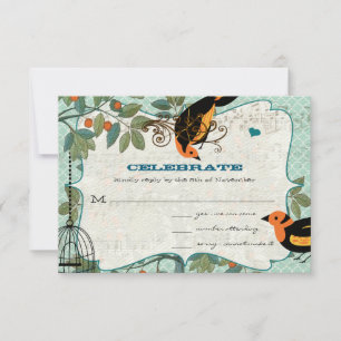 Tangerine Gelb & Schwarze Art Deco inspirierte Vög RSVP Karte