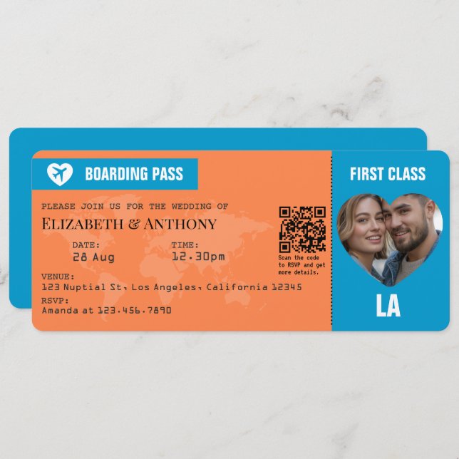 Tangerine & Lagoon Blue Boarding Pass Wedding Einladung (Vorne/Hinten)