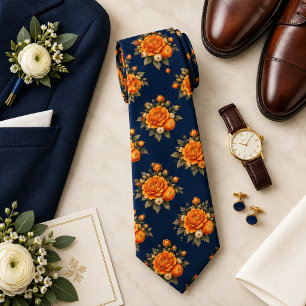 Tangerine Orange Tagetes auf Midnight Navy Floral Krawatte