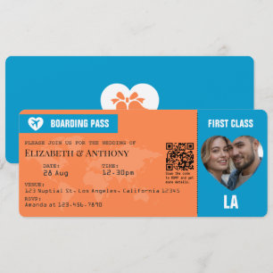 Tangerine- und Lagunenblaues Boarding-Pass-Hochzei Einladung