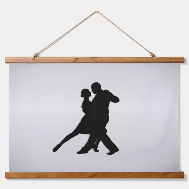 Tango Dancers Silhouette 2 Silver Wandteppich Mit Holzrahmen (Vorne)