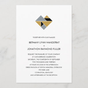 Tangram Heart Wedding Einladung Black Gold Silver
