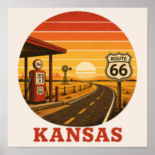 Tankstelle an der Route 66 in Kansas bei Sonnenunt Poster