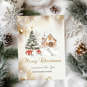 Tannenbaum, Geschenke, Haus Schneeflocken Urlaub Feiertagskarte