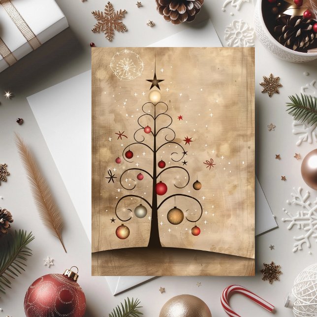 Tannenbaum-Magie mit tanzendem Schmuck  Karte (An elegant tree design with vintage charm and hand-drawn beauty)