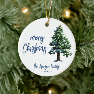 Tannenbaum mit Schnee Aquarellmalerei Weihnachten Keramik Ornament