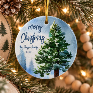 Tannenbaum mit Schnee Aquarellmalerei Weihnachten Keramik Ornament