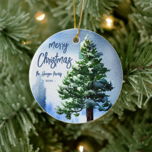 Tannenbaum mit Schnee Aquarellmalerei Weihnachten Keramik Ornament