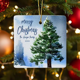 Tannenbaum mit Schnee Aquarellmalerei Weihnachten Keramikornament