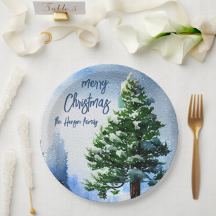 Tannenbaum mit Schnee Aquarellmalerei Weihnachten Pappteller
