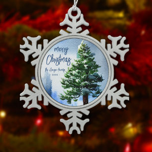 Tannenbaum mit Schnee Aquarellmalerei Weihnachten Schneeflocken Zinn-Ornament