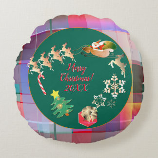 Tannenbaum-Santa-Rentier-Kariert Papier-Teller Rundes Kissen
