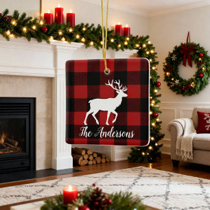 Tannenbaum-Schmuck mit Familiennamen und Hirsch-Mo Keramikornament