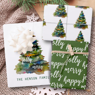 Tannenbaum Wasserfarbe Merry Jolly Happy Schrift Geschenkpapier Set