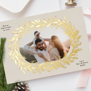Tannenbaumrahmen-Kranz elegantes Foto Gold Folien Feiertagskarte