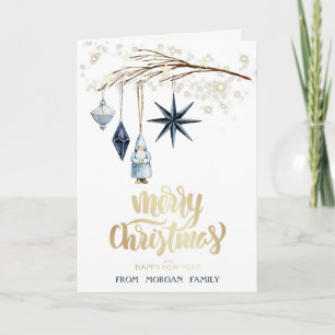 Tannenbaumzweig, Kugeln, Weihnachtsmann, Sterne Feiertagskarte