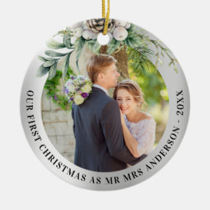 Tannengrün Neuvermählte 1. Weihnachtsfoto Keramik Ornament