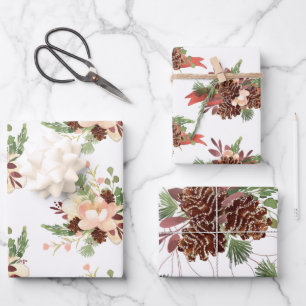 Tannenzapfen- und Blumensträuße gemischt Geschenkpapier Set