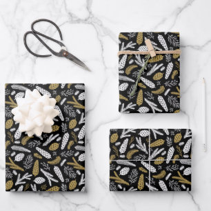 Tannenzweig Zapfen Schwarz Gold Weihnachten Geschenkpapier Set