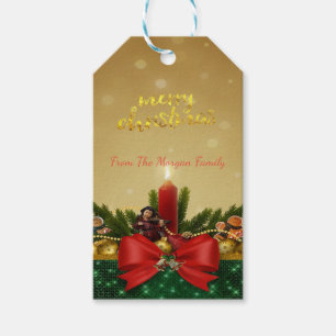 Tannenzweige, roter Bogen, Kerze, Frohe Weihnachte Geschenkanhänger