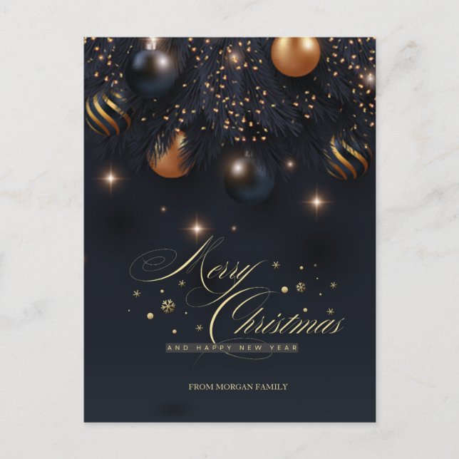 Tannenzweige, Weihnachtskugeln Schwarz Frohe Weihn Feiertagspostkarte (Vorderseite)