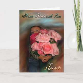 Tante Blumenstrauß der Liebe Kleinkind umarmt Rose Karte