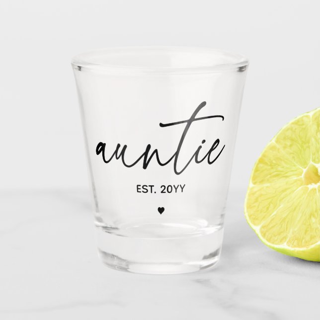 Tante etablierte elegante Typografie Neue Tante Schnapsglas (Vorderseite)