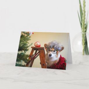 Tante Gussy der Corgi schmückt den Weihnachtsbaum Karte