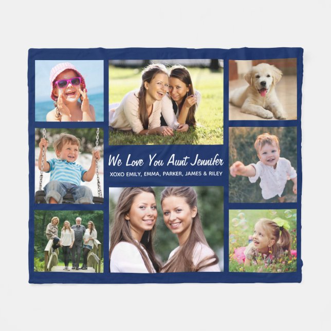 Tante Liebe Sie Foto Collage Personalisiert blau Fleecedecke (Vorderseite (Horizontal))