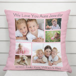 Tante Liebe Sie Foto Collage Rosa Kissen<br><div class="desc">Geben Sie der weltbesten Tante ein lustiges Foto-Geschenk. Dieses rosa Kissen zeigt eine 6-Foto-Collage ihrer Nichten,  Neffen,  Familie,  etc.,  ihre Namen und "Wir Liebe Sie" oder "I Liebe You" und ob sie "Tante",  "Tia" usw. in moderner hellgrauer Typografie genannt wird.</div>