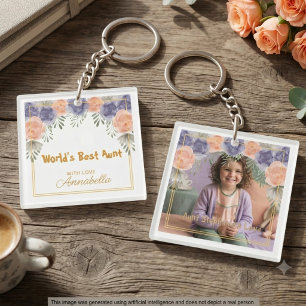Tante-Photo Floral Gold Rahmen Weltbest Schlüsselanhänger