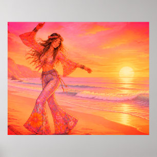 Tanz am Strand unter dem Sonnenuntergang auf einem Poster