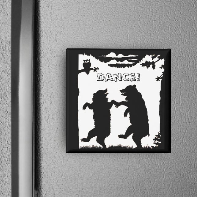Tanzbären Schwarze Silhouette Magnet (Two black bears in silhouette dancing under trees with owl on black white square Dance magnet.)
