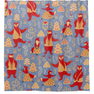 Tanzbären und Füchse in einem magischen Waldnaht Duschvorhang