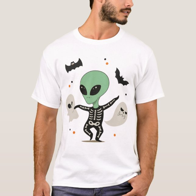 Tanzende Alien Skeleton mit Ghosts Halloween T-Shirt (Vorderseite)