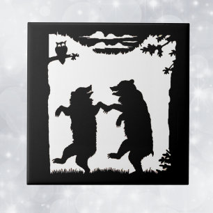 Tanzende Bären im Vintage-Stil Schwarze Silhouette Fliese