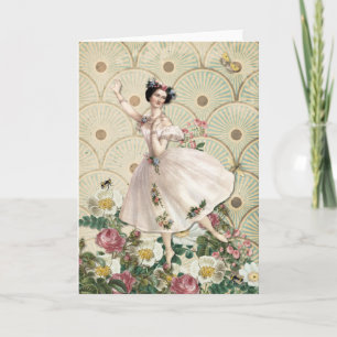 Tanzende Blumenfee - Vintage leere Gruß-Anmerkung Karte