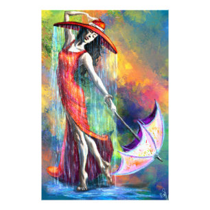Tanzende Dame in Rot mit Regenschirmplakat Fotodruck