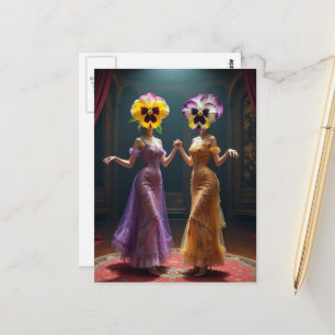 Tanzende Frauen mit Stiefmütterchen-Blumenköpfen Postkarte