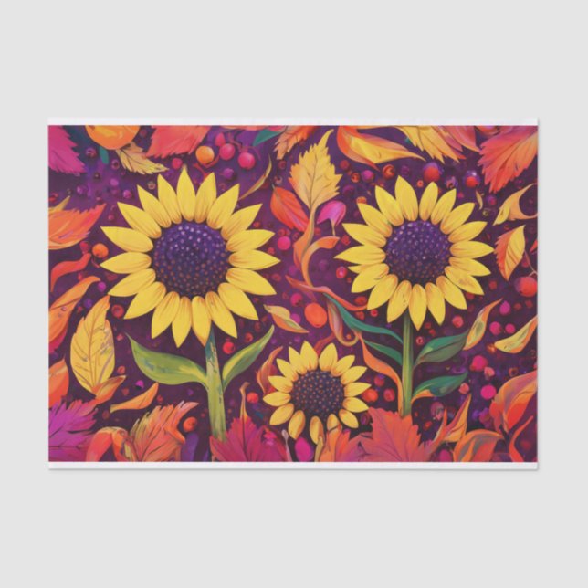 Tanzende Herbstsonnenblumen, wirbelnde Herbstlaube Seidenpapier (Vorderseite)