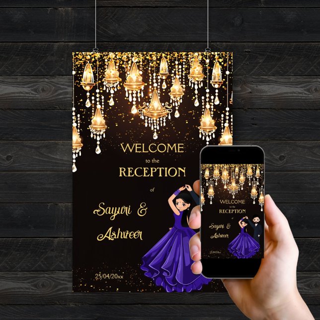 Tanzende indische Pärchen schicke Empfang Begrüßun Poster (Dancing Indian couple chic glamour reception editable template welcome sign poster digital download)