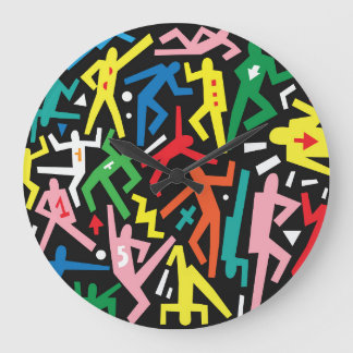 Tanzende Menschen, doodle Set Muster. Große Wanduhr