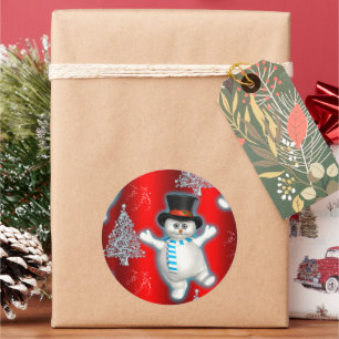 Tanzende Snowman über rote Weihnachten Runder Aufkleber