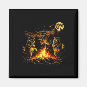 Tanzende Waschbären Lagerfeuer Wald Mond lustig Magnet