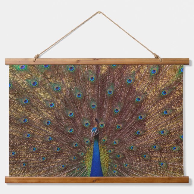 Tanzender Pfau (Landschaft) Wandteppich Mit Holzrahmen (Vorne)