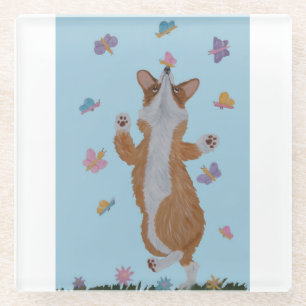 Tanzender walisischer Corgi mit Schmetterlingen Glasuntersetzer