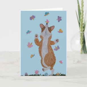Tanzender Welsh Corgi mit Schmetterlingen Karte