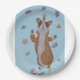 Tanzender Welsh Corgi mit Schmetterlingen Pappteller