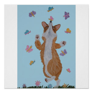 Tanzender Welsh Corgi mit Schmetterlingen Poster