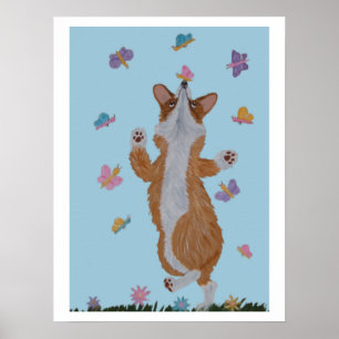 Tanzender Welsh Corgi mit Schmetterlingen Poster